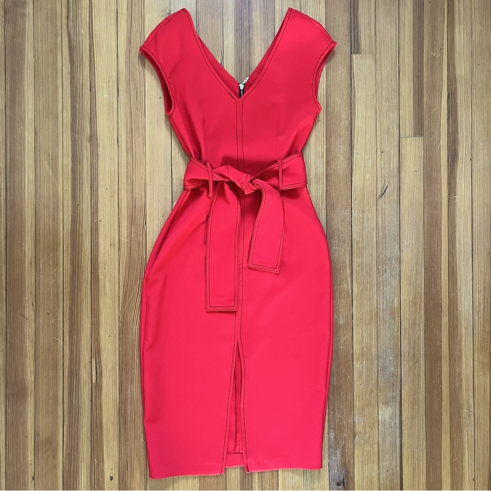 Zara Red Midi Bodycon v neck Dress waist tie